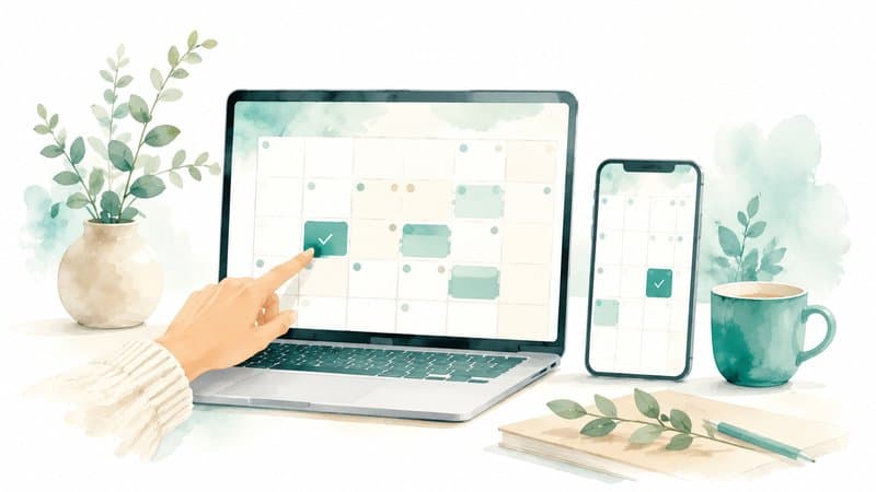 Akvarelová ilustrace rezervačního kalendáře s volnými termíny na webu