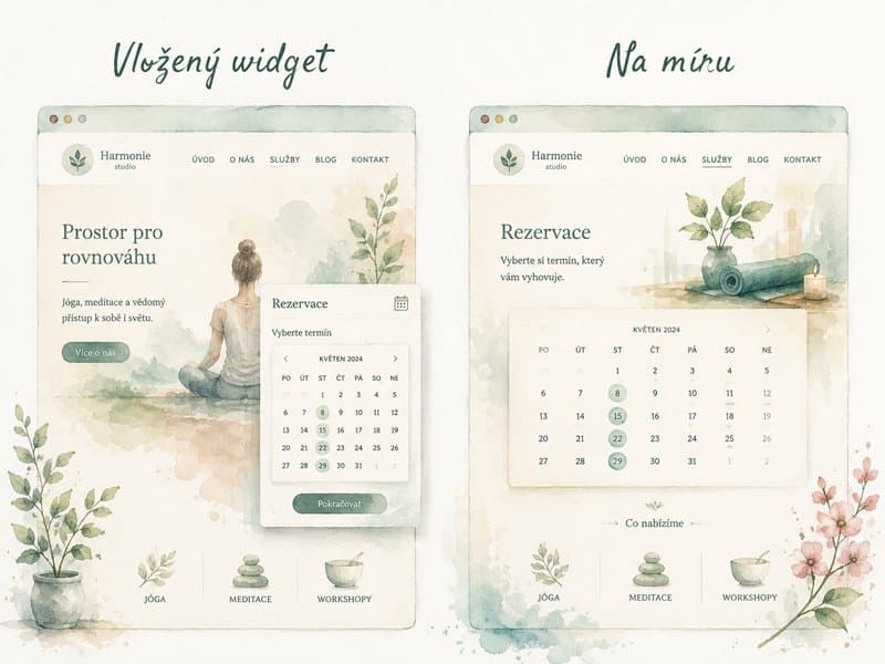 Akvarelová infografika srovnání rezervací ve stavebnici a rezervací na míru jako součásti webu