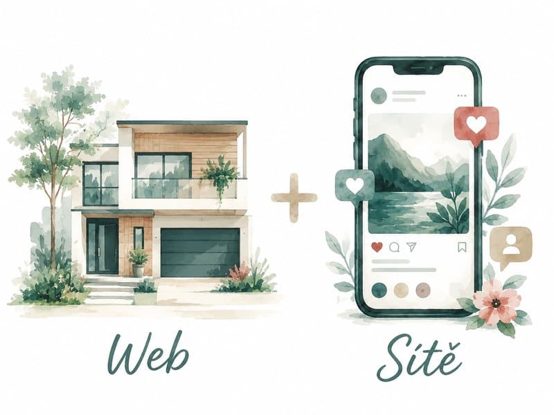 Akvarelová ilustrace webu a sociálních sítí, které se doplňují