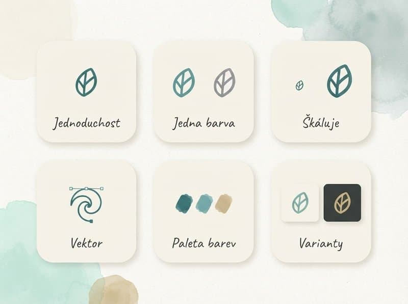 Akvarelová infografika šesti znaků dobrého loga: jednoduchost, jedna barva, škálování, vektor, paleta a varianty