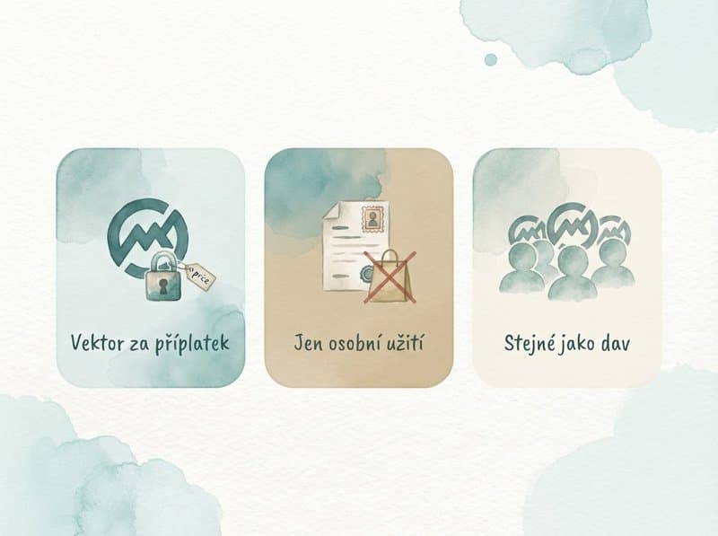 Akvarelová infografika tří pastí loga zdarma: vektor až za peníze, licence jen osobní a riziko stejného loga u davu