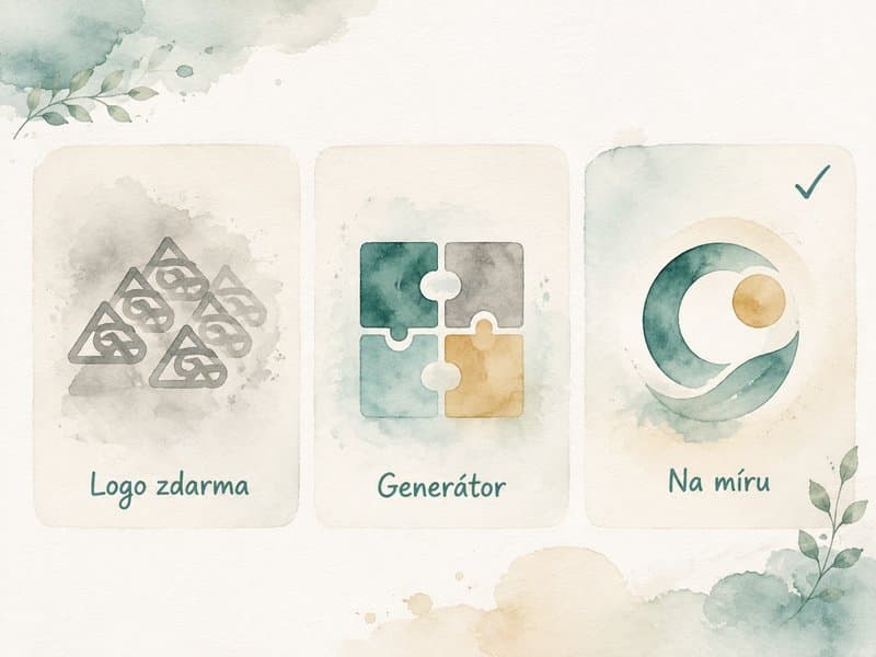 Akvarelová infografika srovnání tří cest k logu: logo zdarma, generátor a logo na míru