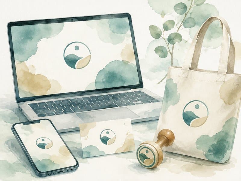 Akvarelová ilustrace jednoho loga na mnoha místech: web, mobil, vizitka a razítko v jednotných barvách