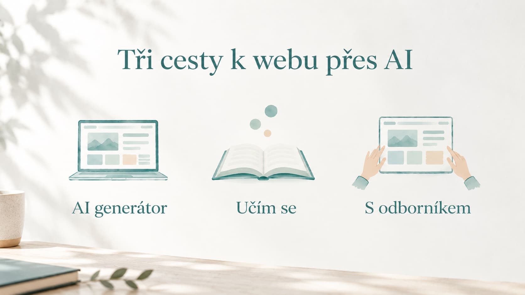 Infografika tří cest tvorby webu přes AI: AI generátor, učím se, vibe coding s odborníkem