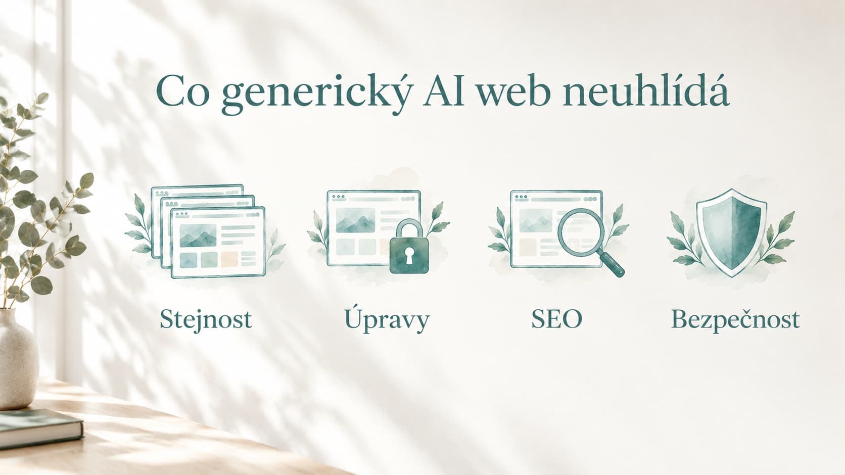 Infografika, co generický AI web neuhlídá: stejnost, úpravy, SEO a bezpečnost