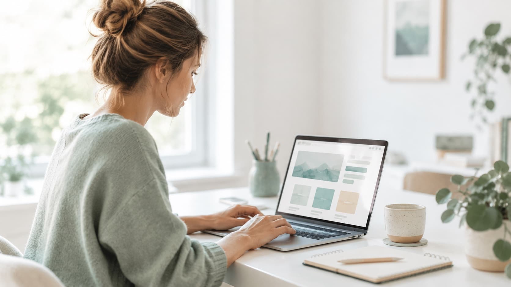 Žena staví web na notebooku ve světlé pracovně, na obrazovce čistý návrh stránky