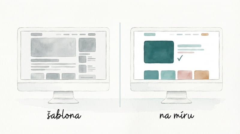 Akvarelová ilustrace srovnání webu na míru a hotové šablony