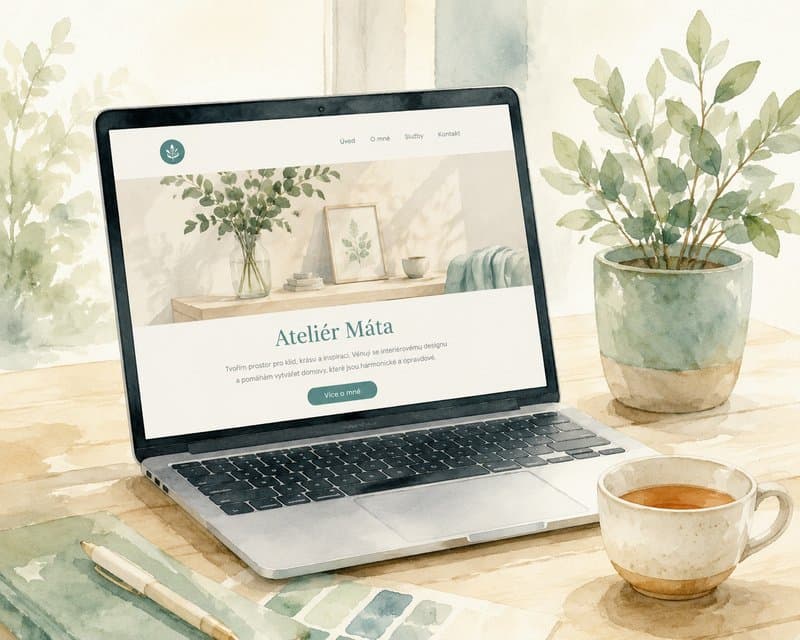Akvarel notebooku na stole s ukázkou webu Ateliér Máta, vedle rostlina a šálek kávy