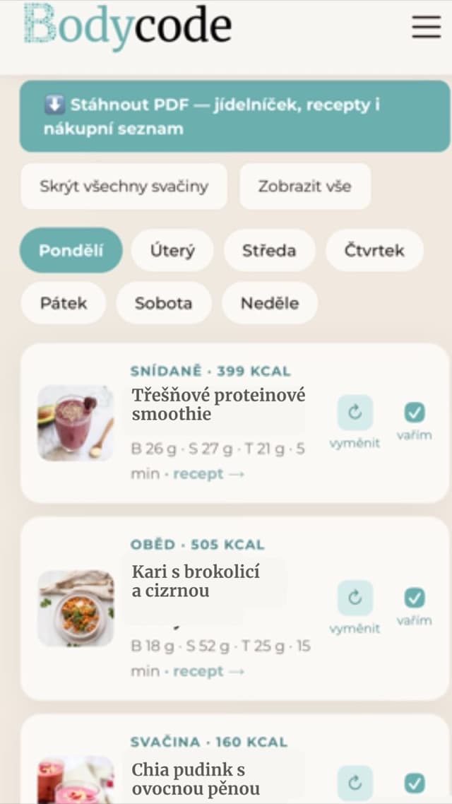 Jídelníček na míru zobrazený v telefonu, ukázka z webu bodycode.cz