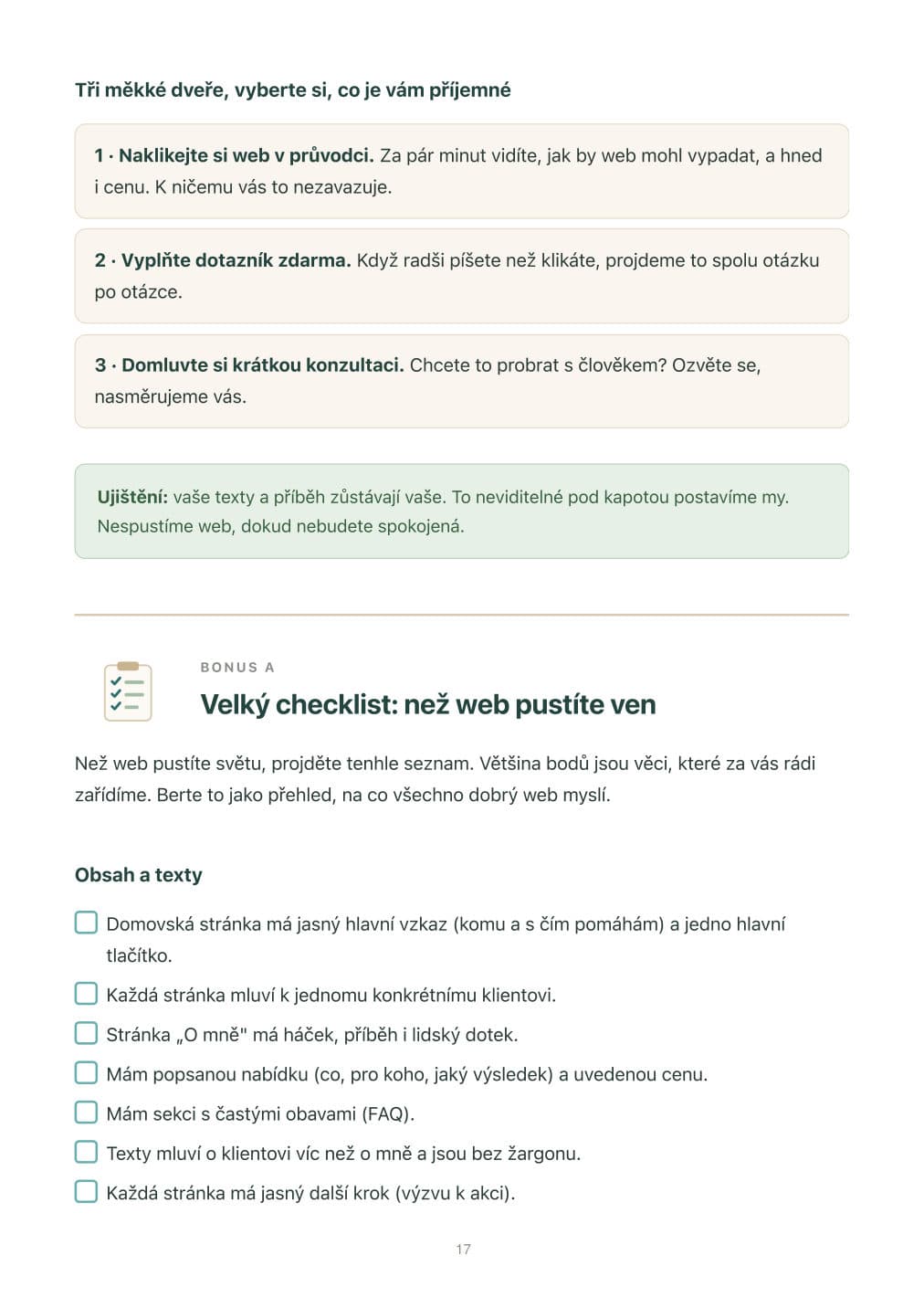 Strana s velkým checklistem před spuštěním webu