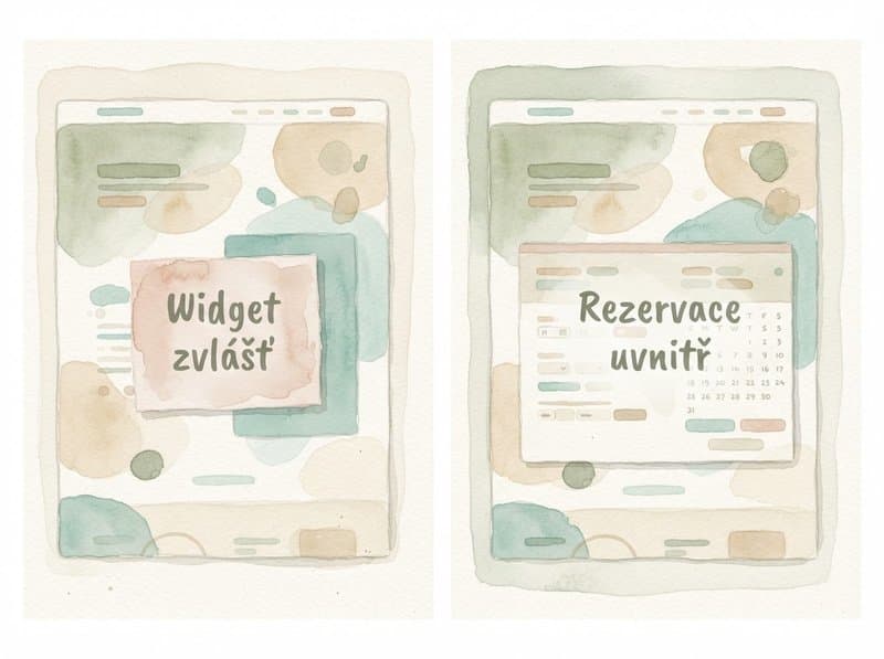 Akvarelová infografika ukazující rozdíl mezi vloženým rezervačním widgetem zvlášť a rezervacemi jako součástí webu