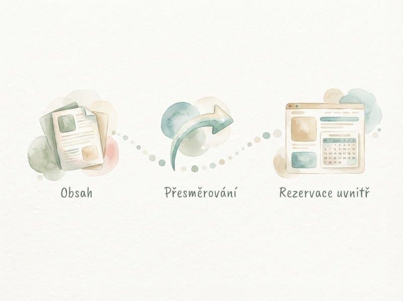Akvarelová infografika přechodu z Webnode na web na míru krok za krokem, s převodem obsahu, přesměrováním a rezervacemi uvnitř webu
