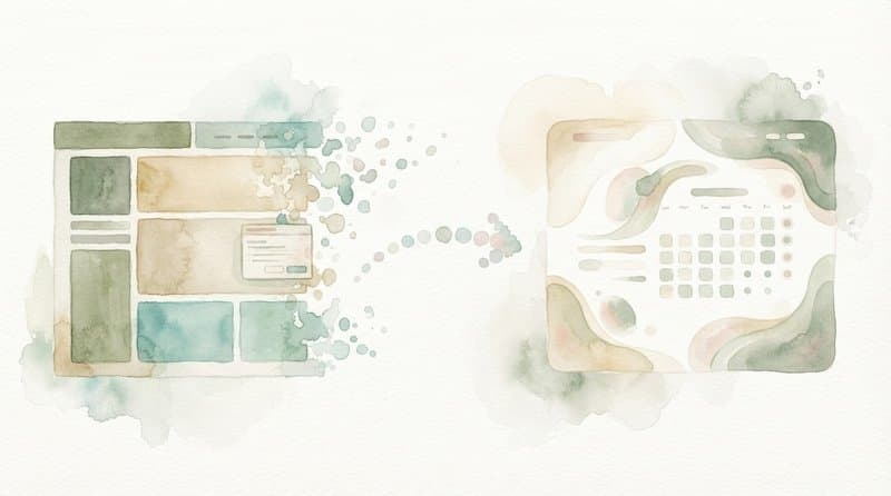 Akvarelová ilustrace přechodu z webu ve stavebnici na vlastní web s rezervacemi uvnitř stránky