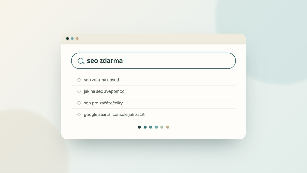 Vyhledávací pole s dotazem seo zdarma a našeptávanými návrhy, ilustrace k návodu na SEO svépomocí