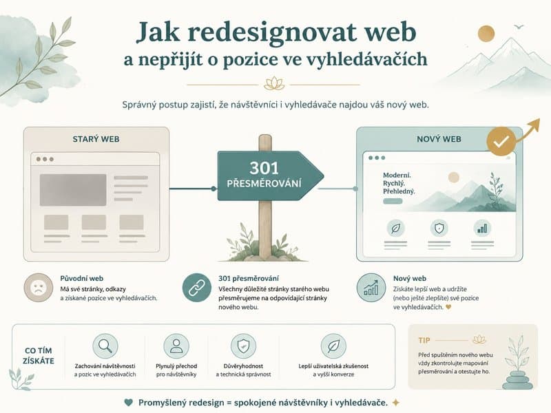 Akvarelová ilustrace přenosu obsahu a pozic při redesignu webu