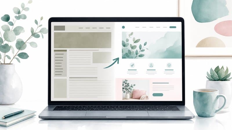 Akvarelová ilustrace proměny starého webu v nový při redesignu